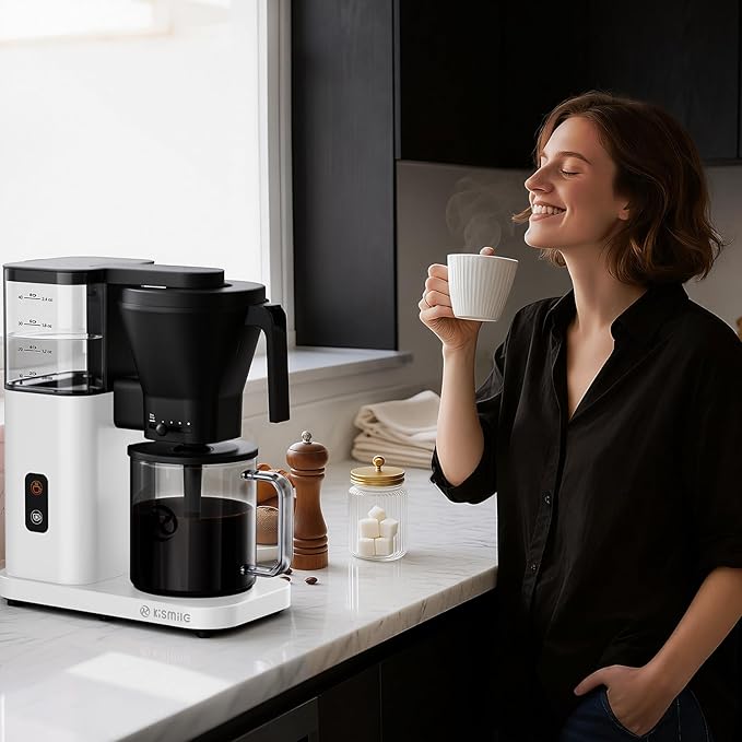 Kismile 8-Cup Drip Coffee MakerRapid Heating System for Seconds BrewingAutomatic Pour Over Coffee MachineDetachable Water TankDeep Cold Brew &amp Keep Warm 40 Min Easy to Clean (White)
