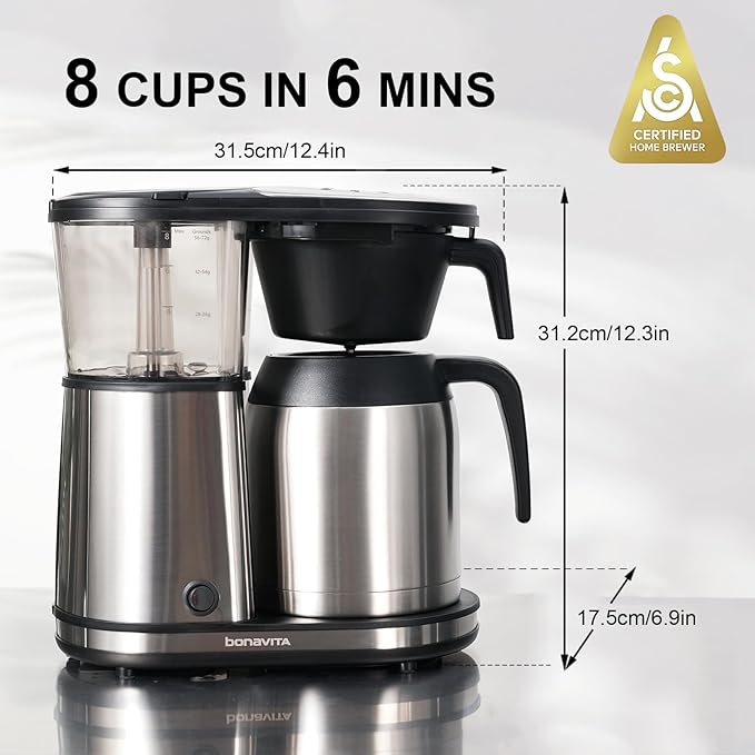 Bonavita 8 Cup Drip Coffee Maker Machine One-Touch Pour Over Auto Pause Brewing with Stainless Steel Double Wall Thermal Carafe SCA Certified Dishwasher Safe BV1901TS