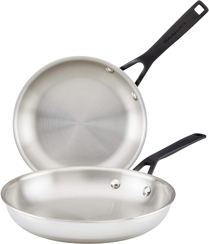 KitchenAid 30051 5-Ply Clad Polished Stainless Steel Frying Pan Set/Skillets 8.25 Inch and 10 Inch - Polished Stainless Steel