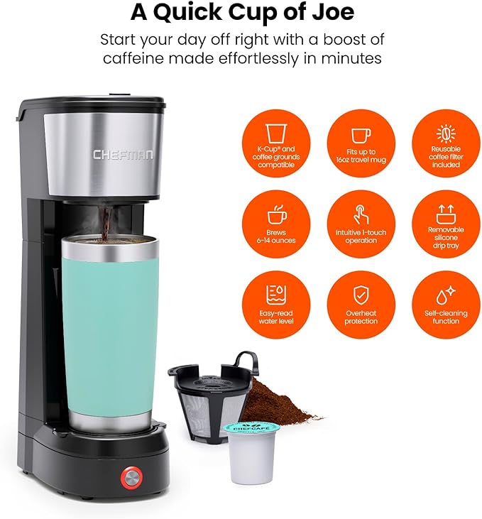 Chefman Single Serve Coffee Maker: K-Cup &amp Ground Compatible Single Cup 6-12 oz Portable Drip Coffee Machine with Filter - Perfect for College &amp Coffee LoversBlack