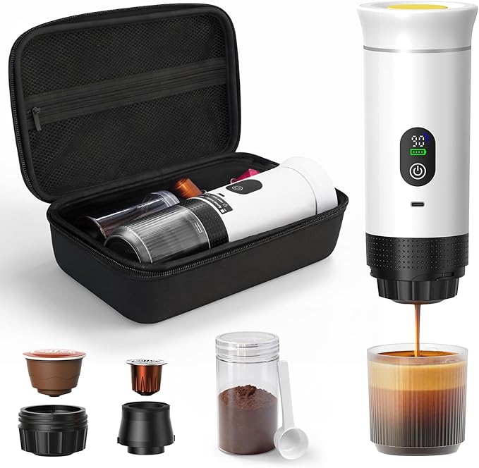 Portable Coffee Maker for Travel &amp Camping Portable Espresso Maker with Bag Rechargeable Cordless Battery Operated Coffee Makers for Ground Coffee NS Capsule RV Hiking Office(White)
