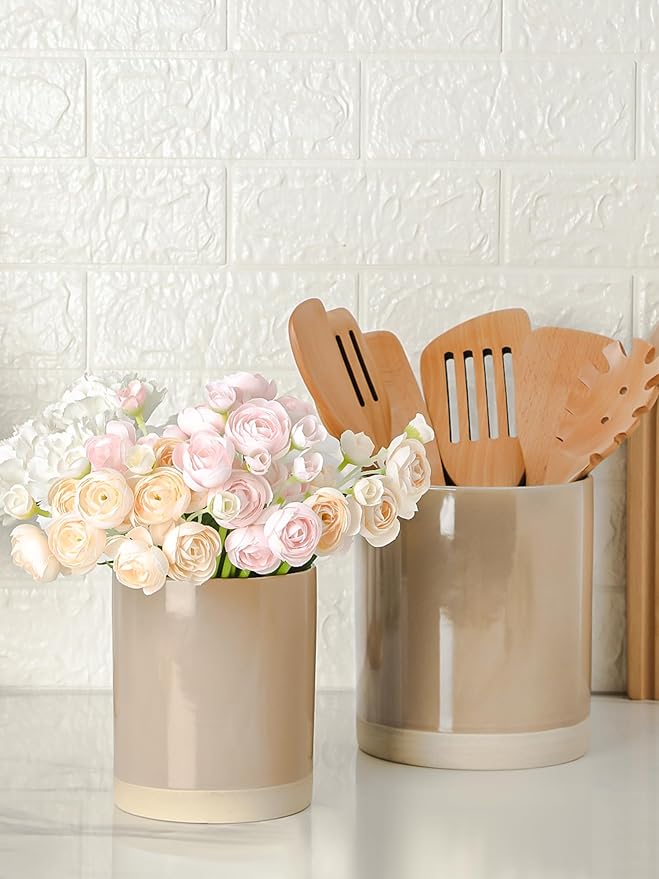 Famiware Milkyway Plates and Bowls Set of 12 and Kitchen Utensil Holder for Countertop Set of 2 14 Pieces Dinnerware Sets Cinnamon Brown