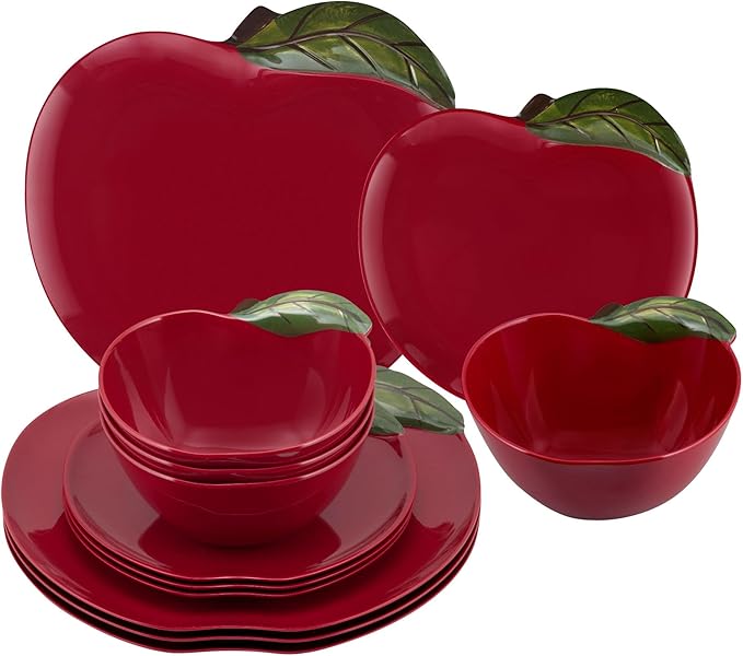 UPware 12 Piece Apple Melamine Dinnerware Sets Outdoor Dishes Set Plates and Bowls Sets Service for 4 Red