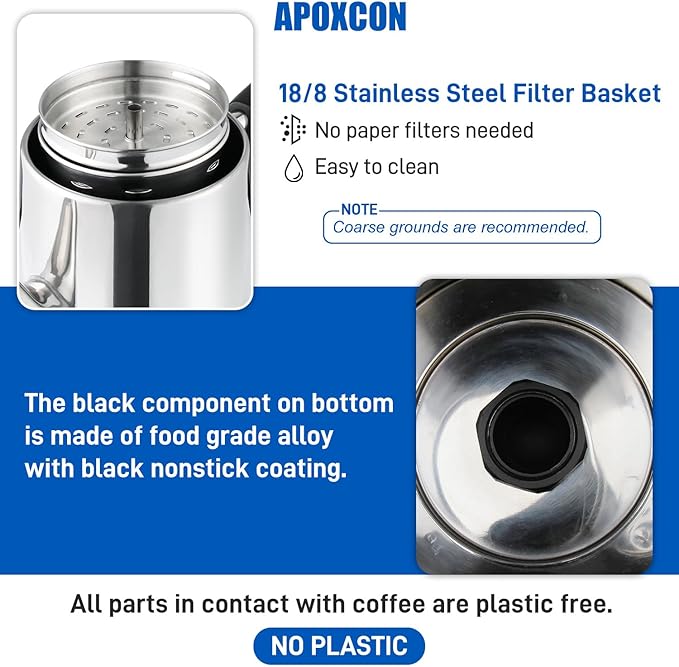 Electric Coffee Percolator Stainless Steel Coffee Maker with Heat Resistant Tough Glass Clear Brew Progress Knob Classic Coffee Pot with Keep Warm Cordless Serve Cool Touch Handle 12 Cup