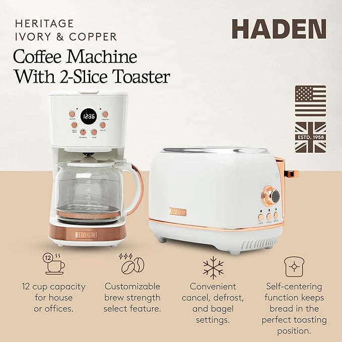 Haden Heritage 2 Slice Wide Slot Stainless Steel Toaster Bundled with 12 Cup Programmable Drip Coffee Maker Coffee Machine Ivory &amp Copper