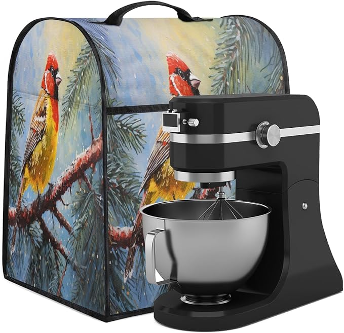 Kitchen Aid Mixer Cover Christmas Bird Tree Cardinal Stand Mixer Cover Compatible with 6-8 Quarts Stand Mixers Dust Covers with Zipper Pocket Foldable Washable Kitchen Aid Organizer Bag