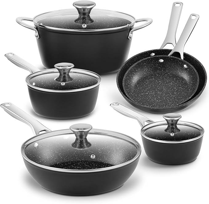 Induction Cookware Nonstick BEZIA Pots and Pans Set for Induction Cooktop Compatible with All Stoves Dishwasher Safe Kitchen Cooking Pan Set with Frying Pans Saucepans &amp Stockpot 10-Piece (Bl