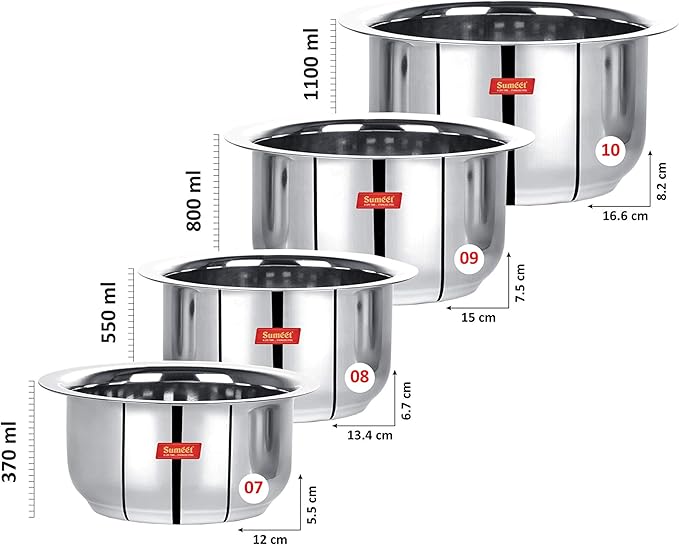 Sumeet Stainless Steel Tope/patila/cookware 370 550 800 1100ml 4 Piece (Steel)