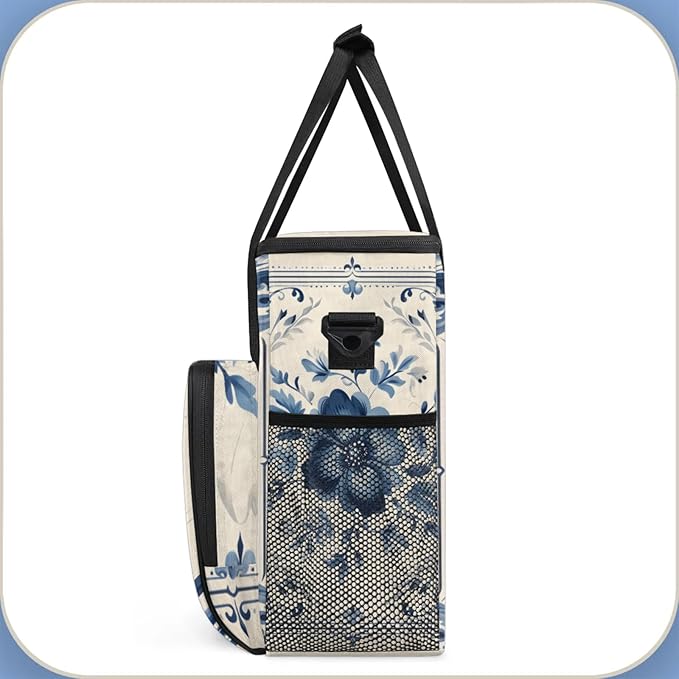 Blue Floral Pattern Coffee Maker Travel Bag for Keurig K-Mini/K-Mini Plus Insulated Waterproof Tote with Pockets Portable Single-Serve Brewer Case