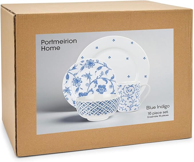 Portmeirion Home Collection 16 Piece Dinnerware Set - Blue Indigo Mix &amp Match Designs Porcelain Dinner Plates Salad Plates Bowls &amp Mugs - Microwave Dishwasher &amp Oven Safe Modern Table