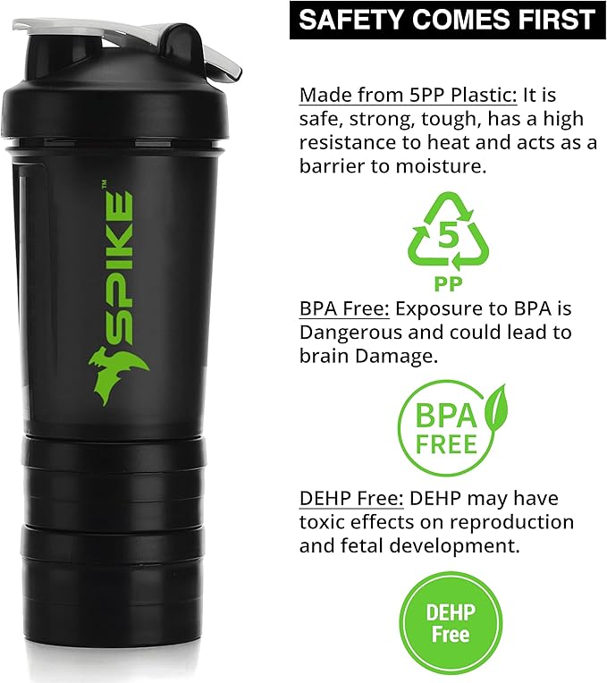 SPIKE Pro Protein Shaker Bottle for Whey Protein Mix Cycling Gym water bottle with Stainless Steel Ball 700ml (Pro Black)