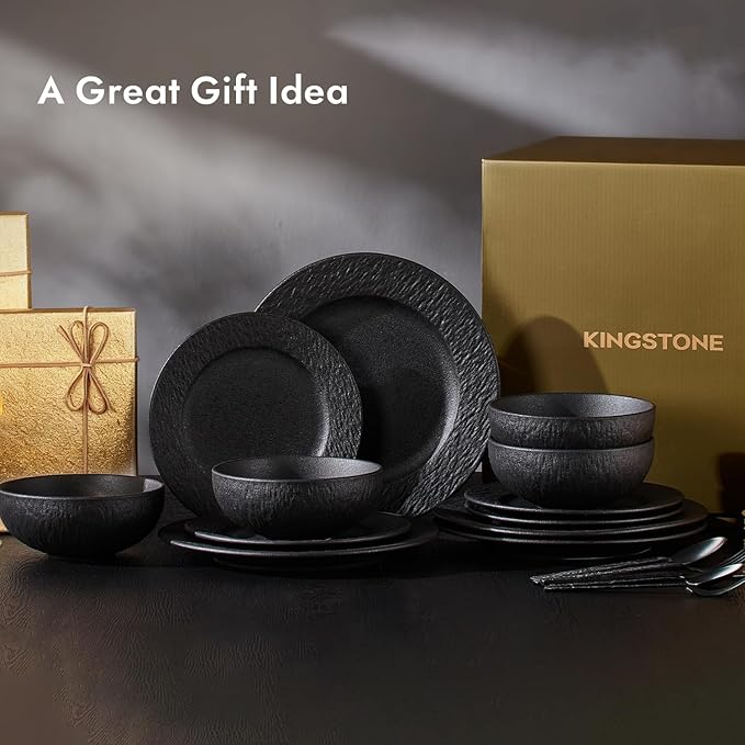 KINGSTONE Black Dinnerware Sets 24-Piece Matte Marble Pattern Premium Porcelain Place Setting with Dinner Plate Salad Plate Pasta Bowl Microwave and Dishwasher Safe