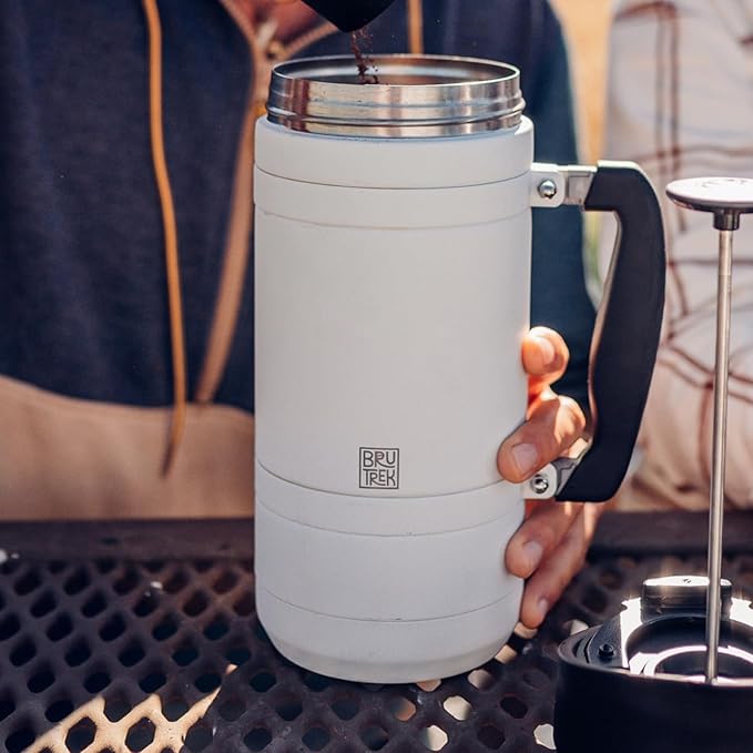 BruTrek® by Planetary Design Basecamp Coffee Press - Double Wall Vacuum Insulated Stainless Steel - Bru-Stop Technology No Grounds in Coffee No Spill Lid (Snowflake White 32 fl.oz)