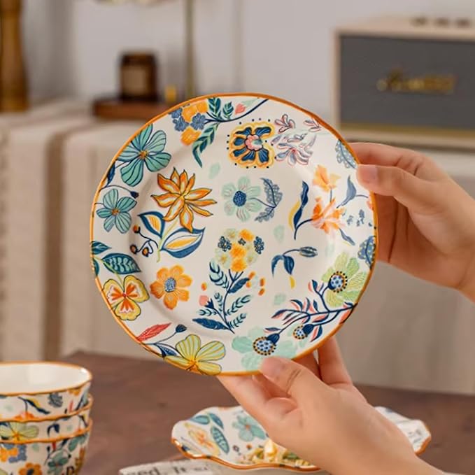 12-Piece Floral Pattern Ceramic Dinnerware Set (Service for 4) - High-Temp Fired Microwave &amp Dishwasher Safe Scratch-Resistant Kitchen Dining Plates Bowls Set