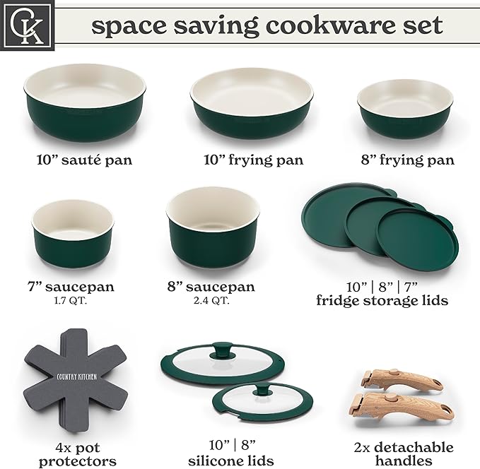 Country Kitchen Cookware Set with Removable Handle Oven &amp RV Safe Pots and Pans Set Sage Wood Handle Original