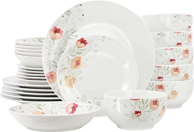 Elama Poppy 24 Piece Porcelain Double Bowl Dinnerware Set Service for 6