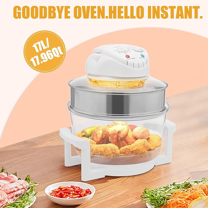 17L Convection Roaster Air Fryer Oven Glass Air Fryer Non Toxic 360° Heating Glass Instant Pot with Adjustable Temperature for One Person for Grilling Roasting Baking