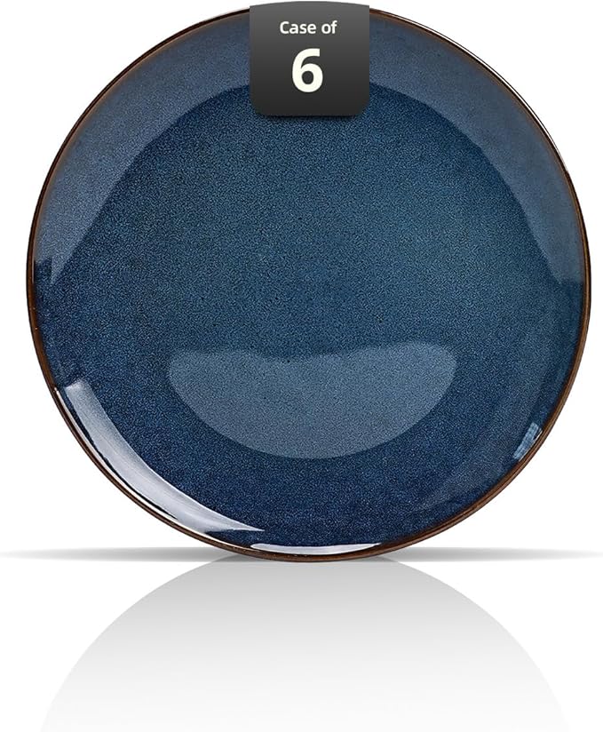 Organic Shape Highland Ceramic Dinner Plates 6pcs 11.65 Inch Handmade Reactive Glaze Dinnerware Sets with Wavy Edge for Kitchen Microwave &amp Dishwasher Safe Scratch Resistant-Blue