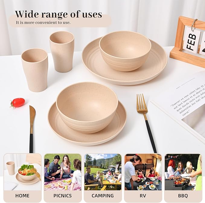 24 - Piece Wheat Straw Dinnerware Set - Plates and Bowls for 6 Unbreakable Dishwasher &amp Microwave Safe Reusable Lightweight Tableware Ideal for Camping and Everyday Use (Beige)
