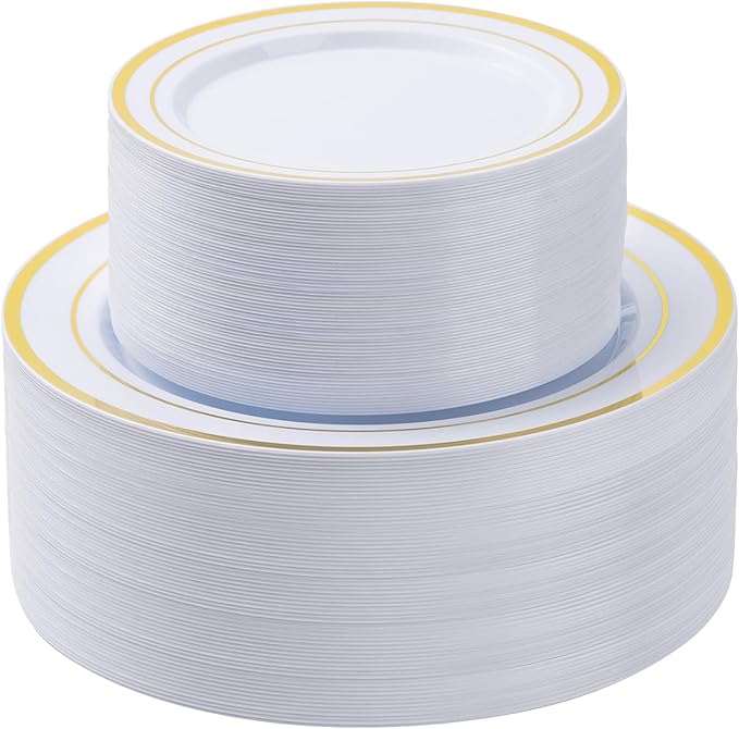 BESTSTAR 100PCS White Plastic Plates Set with Gold Rim 50 10.25 inch Heavy Duty Dinner Plate and 50 7.5 inch Dessert Appetizer Plates Premium Disposable Plates for Party Wedding Birthday
