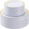 BESTSTAR 100PCS White Plastic Plates Set with Gold Rim 50 10.25 inch Heavy Duty Dinner Plate and 50 7.5 inch Dessert Appetizer Plates Premium Disposable Plates for Party Wedding Birthday