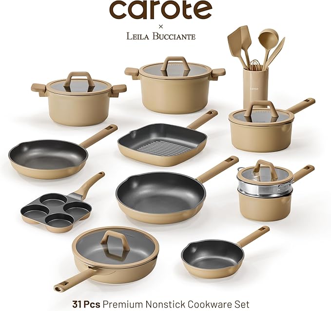 CAROTE 31PCS Pots and Pans Set Nonstick Cookware Set Kitchen Non Stick Induction Titanium Cookware Non-toxic Granite Cooking set PFOA Free