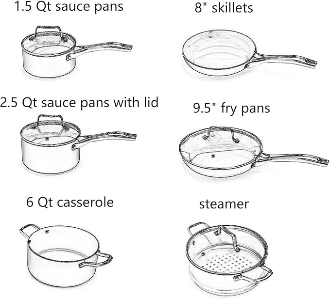 10-Piece Nonstick Cookware Set with Glass Lids Copper Orange Kitchen Pots and Pans Set Stainless Steel Handle Non-Toxic 6 Qt Casserole 8 and 9.5 Inch Skillets Saucepans