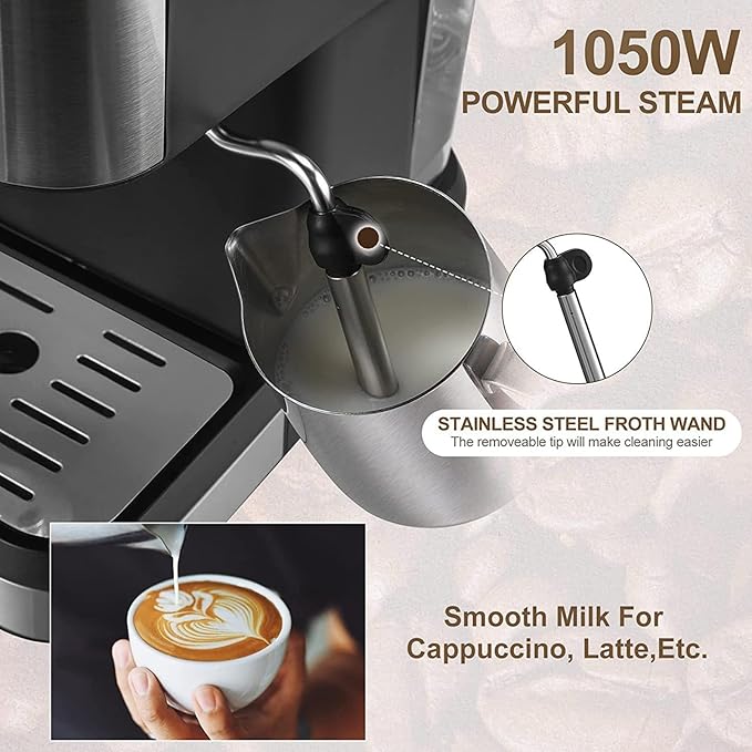 ZJchao Professional 15 Bar Machine 1050W Semi Automatic Coffee Maker with Milk Frother Steam Wand for Home Barista Quality Cappuccino Lattes Black ABS Stainless Steel 1.5L Water Tank (US Plug)