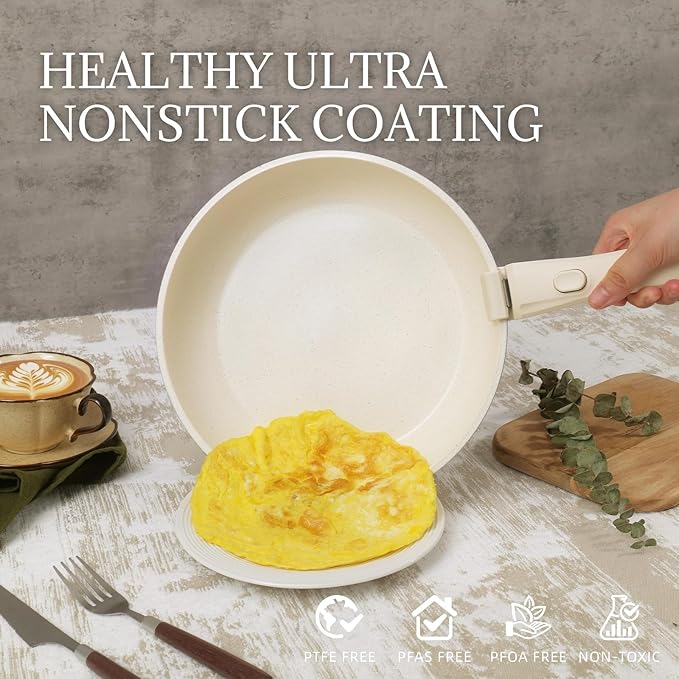 Ceramic Cookware Set Non Stick 8Pcs Pots and Pans Set Detachable Handle Induction Kitchen Cooking Set with Frying Pans Oven Dishwasher Safe PFAS/PFOA Free Cream White