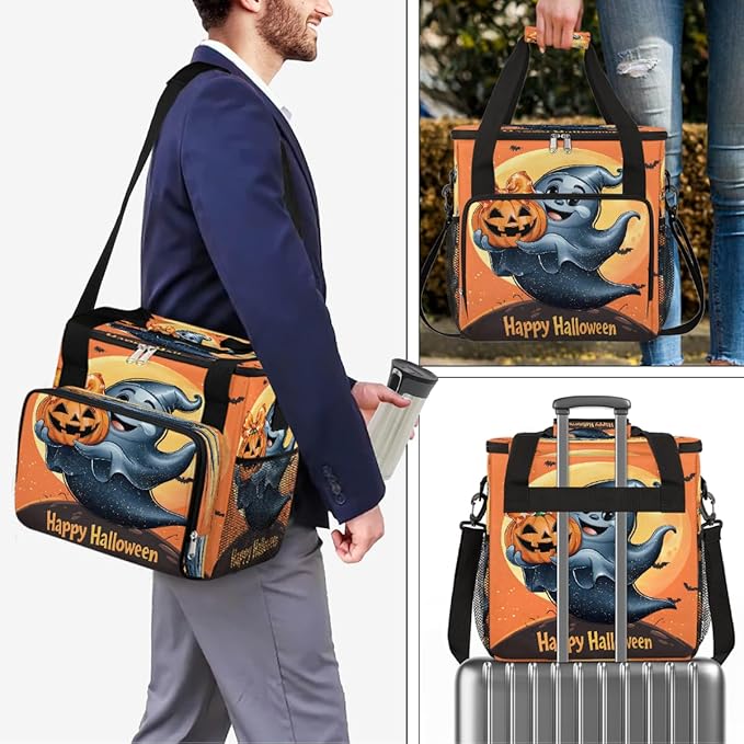 Halloween Ghost Moon Pumpkin Coffee Maker Carring Bag Travel Carrying Storage Tote Bag Compatible with Keurig K-Mini or K-Mini Plus Portable Single Serve Coffee Brewer Case with Pockets