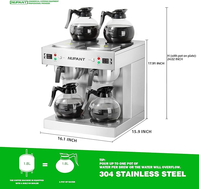 Dual Drip Commercial Coffee Maker with Water Line 200 Cup/H 7.2L Auto-Filling Drip Coffee Maker Machine with 4 Carafes &amp 4 Warmers Stainless Steel Pour over Double Coffee Brewer for Restaurant