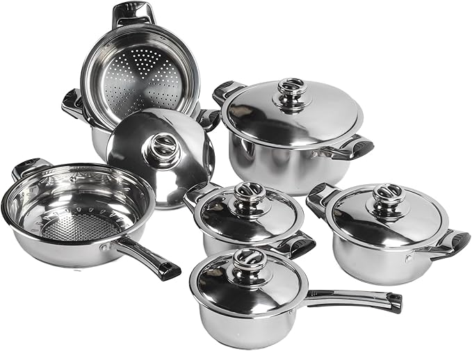 Stainless Steel Cookware Set Uniform Heat Conduction Pots and Pans Stylish Kitchen Cooking Set sturdy Material Comprehensive Cookware Kit with Steam Grid and Lids Ideal