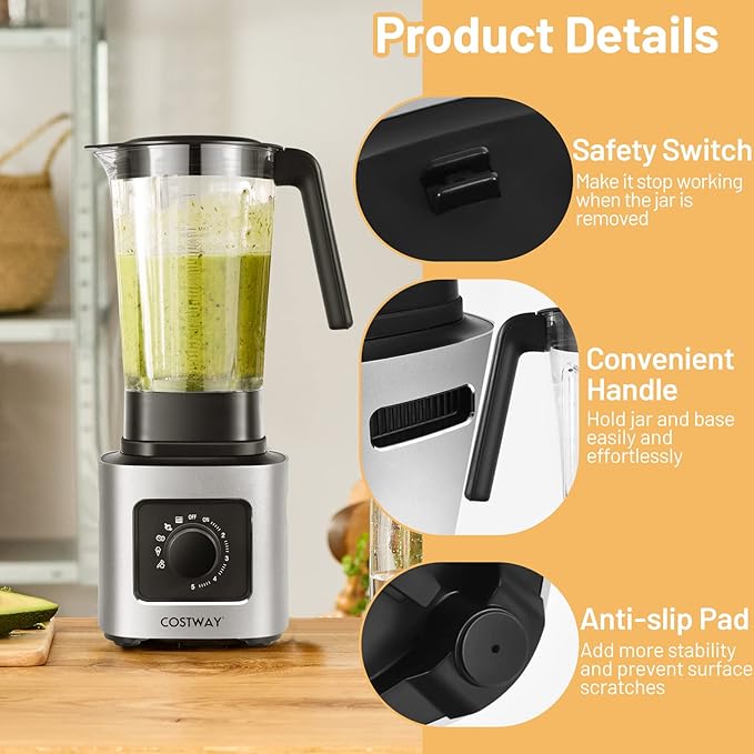COSTWAY Countertop Blender Powerful Blender with 68 oz Tritan Jar Stainless Steel Blades 5-Level Speed Control &amp 5 Blending Functions 1500W Professional Blender for Milkshake &amp Juice
