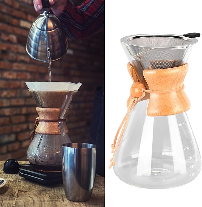 Pour Over Coffee Maker Coffee Dripper Brewer Paperless Glass Carafe Coffee Pot with Stainless Steel Filter &amp Wood Sleeve for Home Travel(1000ml)