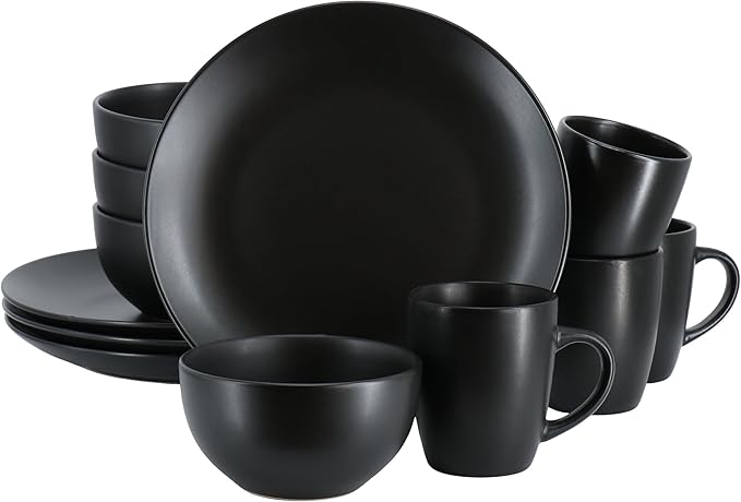 Plus 12 Piece Round Stoneware Dinnerware Set in Black Solid Casual Dishwasher Safe