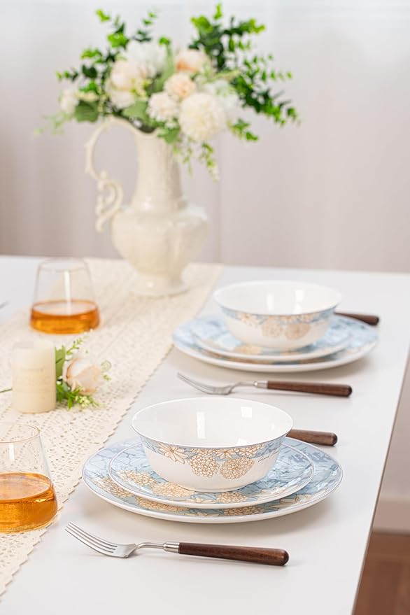 High Bone China Dinnerware Set 12-Piece Artistic Blue Plates and Bowls Lightweight &amp Chip Resistant Ceramic Service for 4 Dishwasher Safe Elegant Kitchen Dining