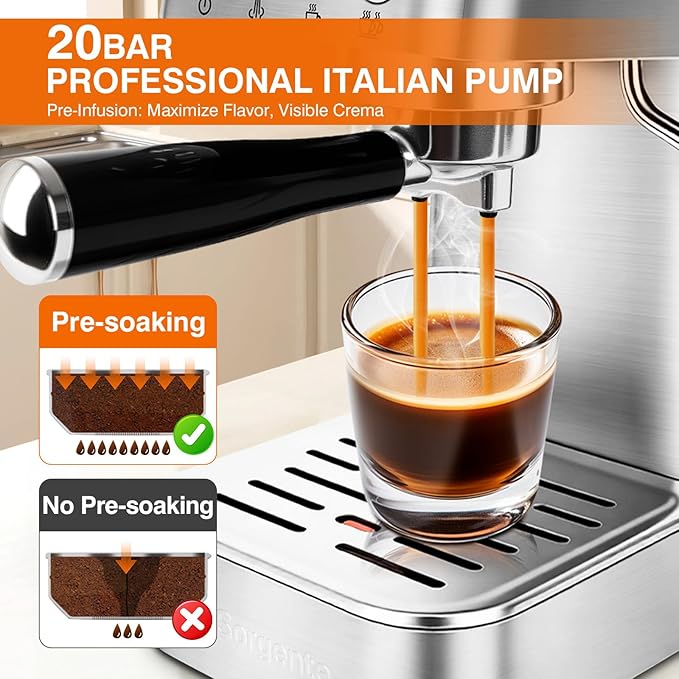 Sorgente 20 Bar Espresso Machine Stainless Steel Coffee Maker with Milk Frother 1350W Fast-Heating for Home Cappuccino &amp Latte Visible Pressure Gauge Silver