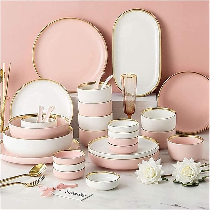 Dinnerware Sets Dish Set30 PiecePorcelainNordic Style Tableware SetPink and White Dish with Phnom PenhDishwasher Safe
