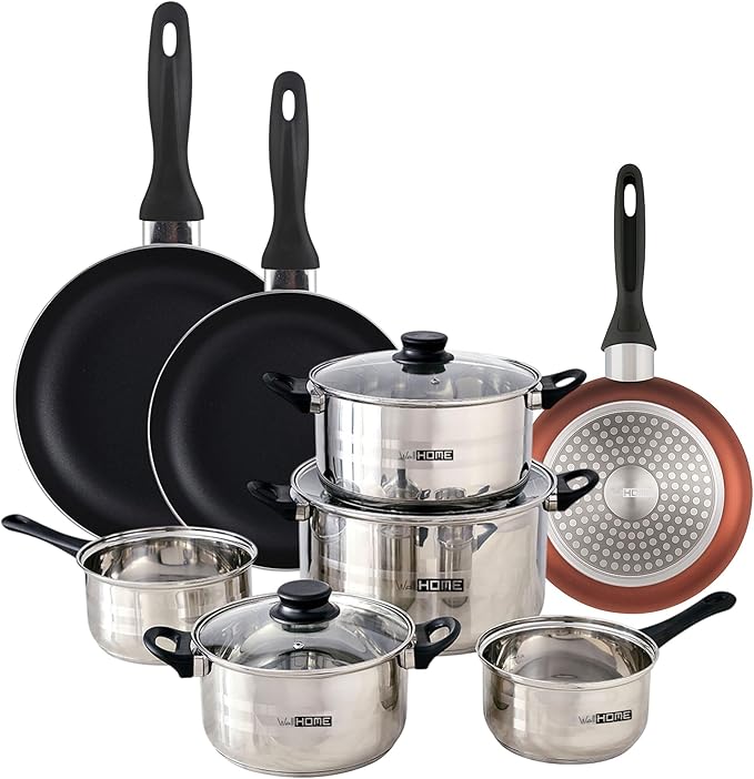 Well Home Cookware Set 8 Pieces Stainless Steel + 3 Pans Diameter 16 x 20 x 24 cm Metallic Copper Made of Pressed Aluminium