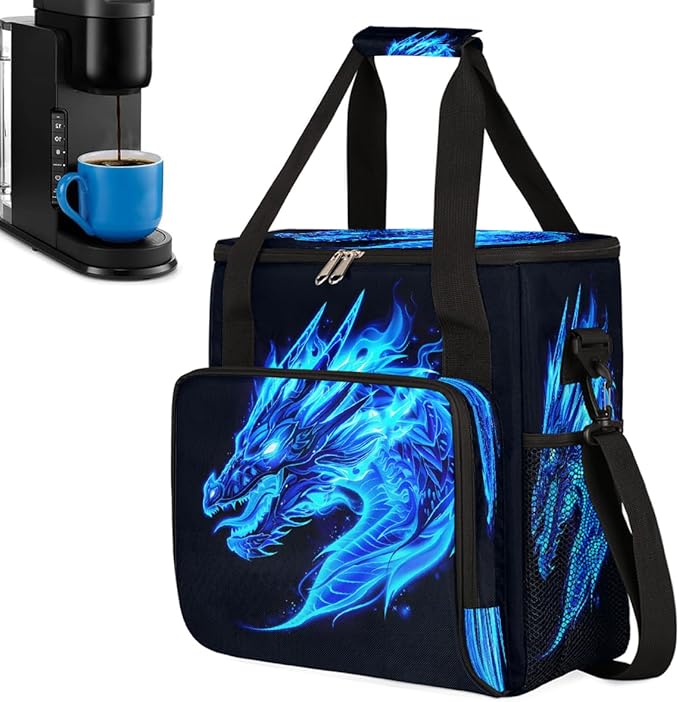 Blue Ice Dragon Coffee Maker Carring Bag Travel Carrying Storage Tote Bag Compatible with Keurig K-Mini or K-Mini Plus Portable Single Serve Coffee Brewer Case with Pockets for K-cup Pods