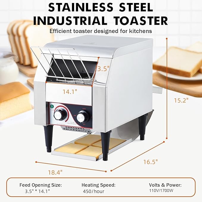Commercial Conveyor Toaster 450 Slices/Hour Stainless Steel Toaster Oven with Dual Heating &amp 7-Speed Belt for Bagels/Buns/Bread in Cafes/Buffets