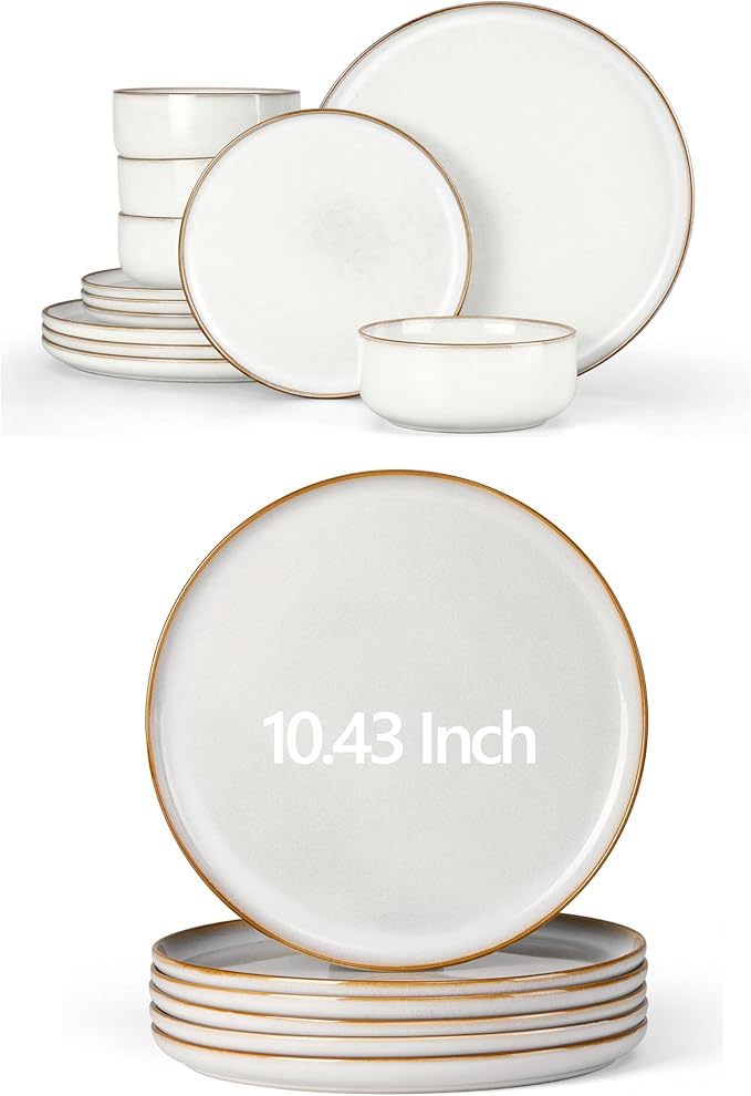 Herogo 12 Pieces Stoneware Dinnerware Sets with 10.43 Inch Dinner Plates Set of 6 Ivory White