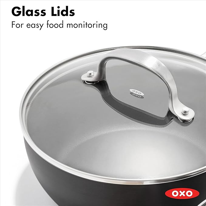 OXO Good Grips Pro 1QT and 2QT Saucepan Pot Set with Lids 3-Layered German Engineered Nonstick Coating Stainless Steel Handles Black