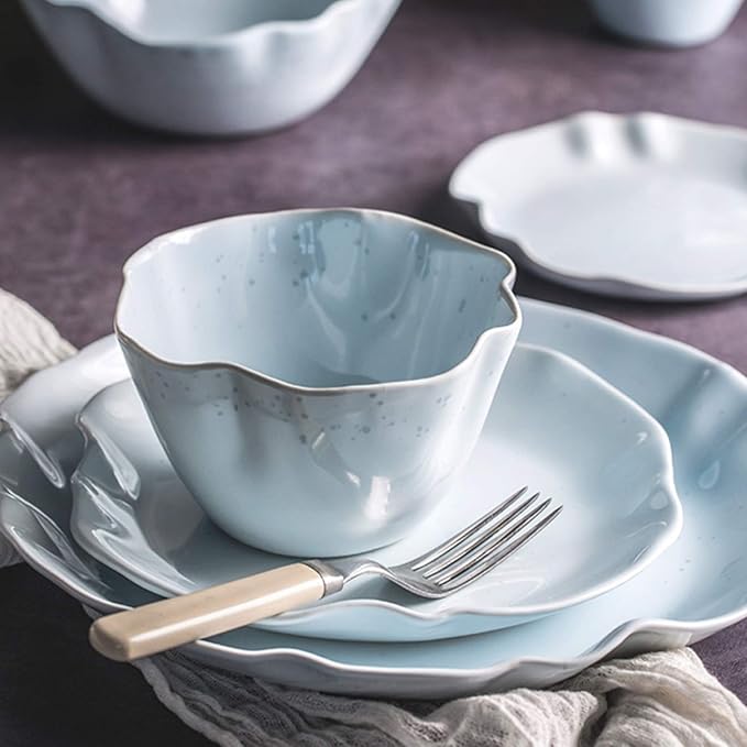 Dinner SetCeramics Dinner Sets 24 Pieces Porcelain Dinnerware Combination SetIrregular Ruffle Cereals Bowls and Steak Plates Sets