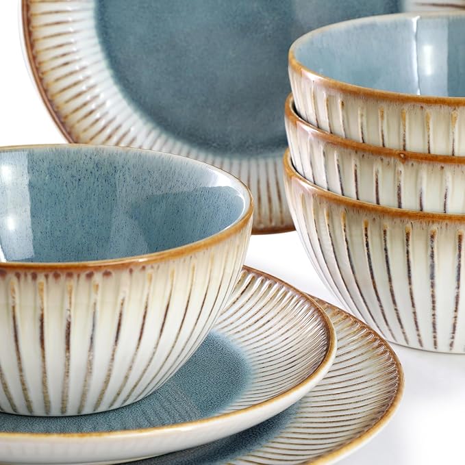 16 Piece Stoneware Dinnerware Set Blue and Beige Plates and Bowls Microwave &amp Dishwasher Safe Dinner Set for 4 (Beige &amp Blue)