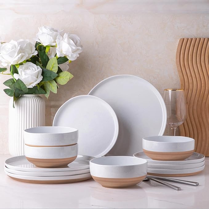 AmorArc Ceramic Dinnerware Sets for 6 24Pieces Handpainted Plates and Bowls Set with Rustic Terracotta Underside Scratch Resistant Stoneware Dishes Set Dishwasher &amp Microwave Safe
