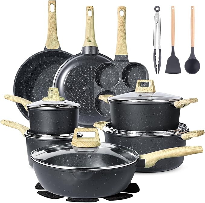 GiPP Pots and Pans Set Non Stick - 22 Pcs Grey Granite Kitchen Cookware Sets Nonstick Induction Cookware Non-toxic Cooking Pan Set with Lids PFOS and PFOA Free