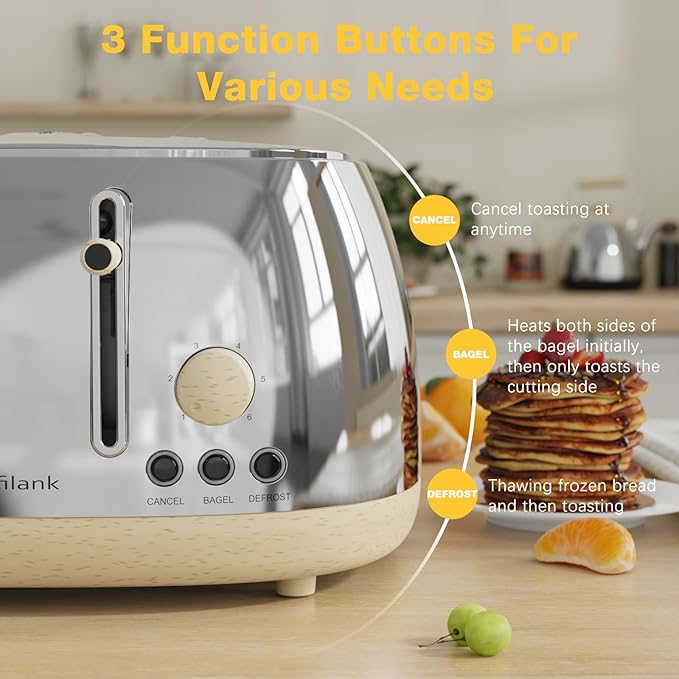 Toaster 4 SliceRetro Stainless Steel Toaster with Extra Wide Slots Dual Independent Control Panel Cancel Bagel Defrost Function Removable Crumb Tray (Silver)