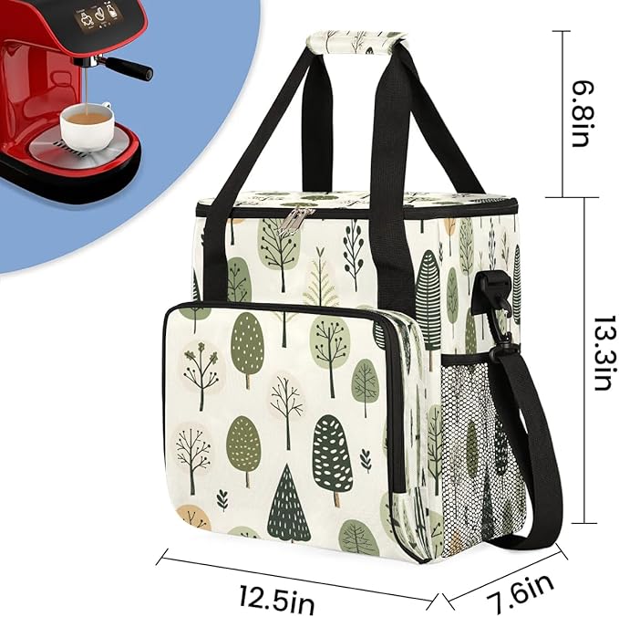 Cute Trees Print Coffee Maker Carrying Bag Compatible with K-Mini or K-Mini Plus Portable Single Cup Coffee Maker Case with Pockets for K Cup Pods