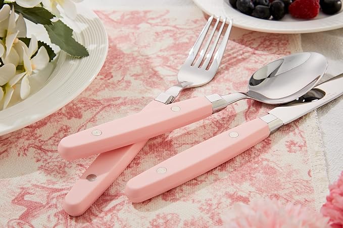ANNOVA Silverware Set Retro/Rivet Colorful Stainless Steel Tableware Kitchen Flatware Set Utensils Includes Dinner Knives Forks Spoons Salad Forks &amp Dessert Spoons (Light Pink 20 Pieces)